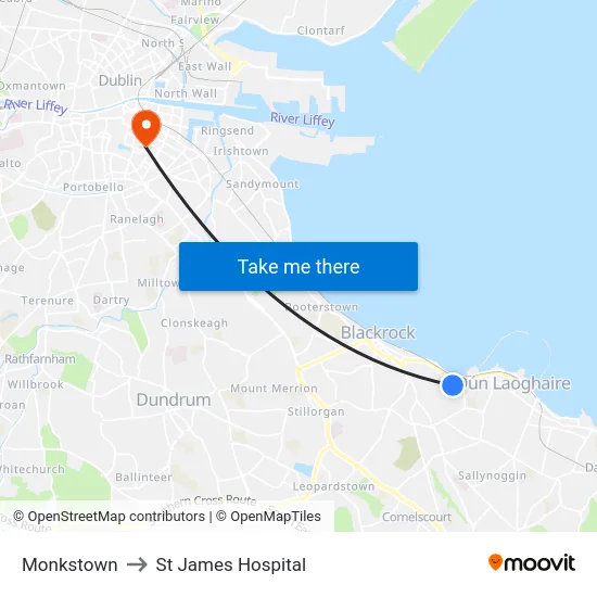 Monkstown to St James Hospital map