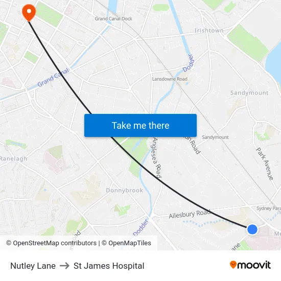 Nutley Lane to St James Hospital map