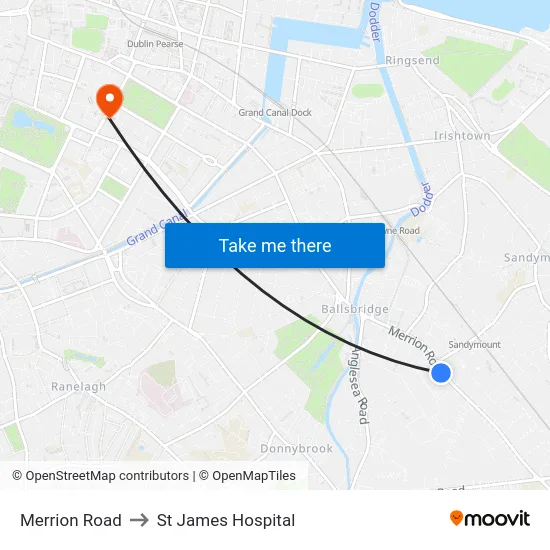 Merrion Road to St James Hospital map