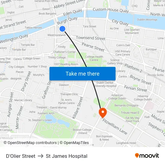 D'Olier Street to St James Hospital map