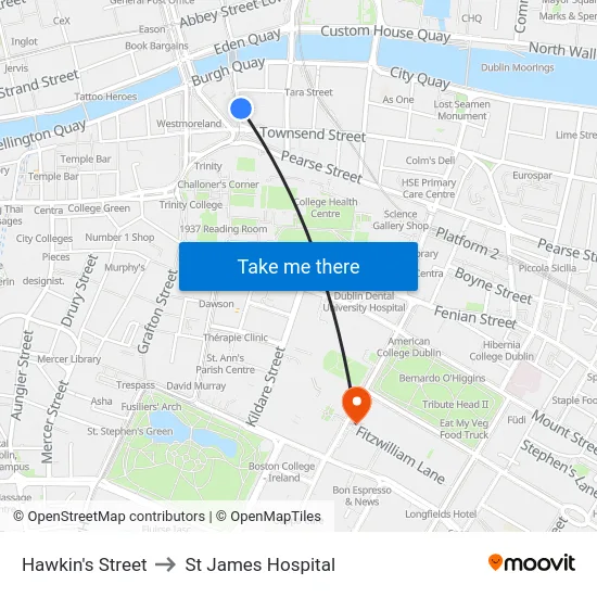 Hawkin's Street to St James Hospital map