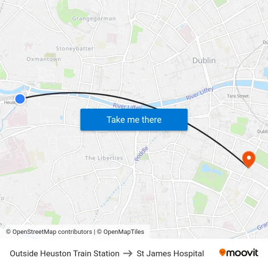 Outside Heuston Train Station to St James Hospital map