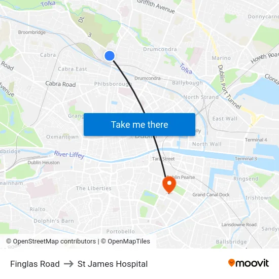 Finglas Road to St James Hospital map