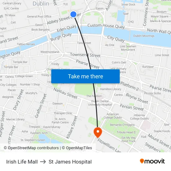 Irish Life Mall to St James Hospital map