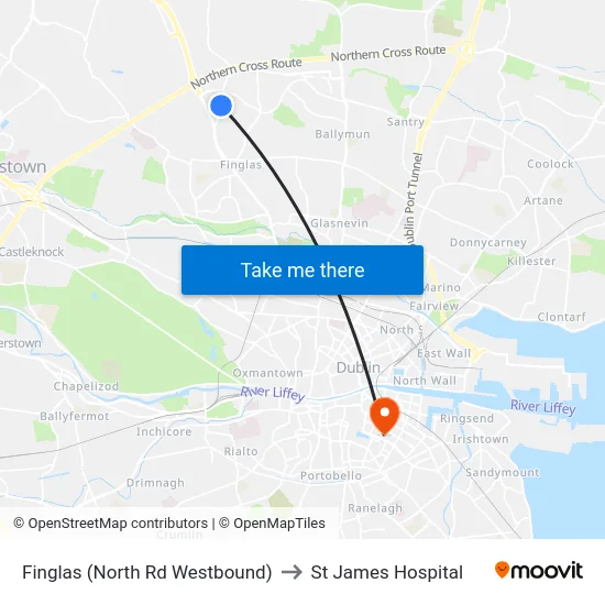 Finglas (North Rd Westbound) to St James Hospital map