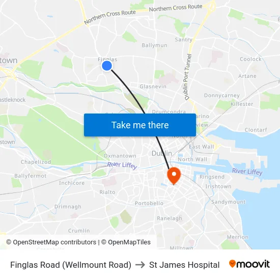 Finglas Road (Wellmount Road) to St James Hospital map