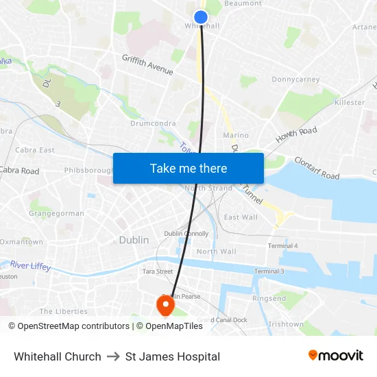 Whitehall Church to St James Hospital map