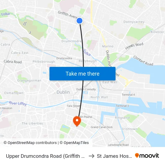 Upper Drumcondra Road (Griffith Avenue) to St James Hospital map