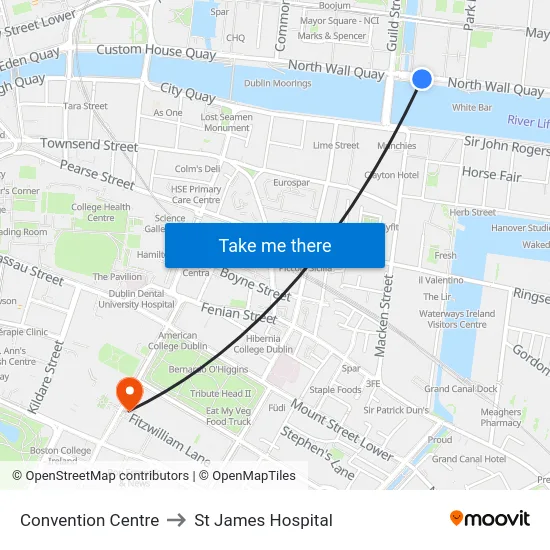 Convention Centre to St James Hospital map
