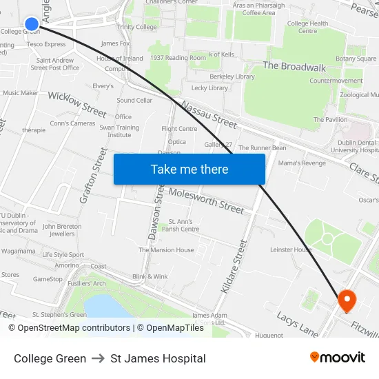 College Green to St James Hospital map