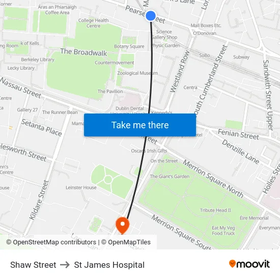 Shaw Street to St James Hospital map