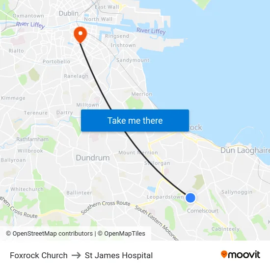 Foxrock Church to St James Hospital map