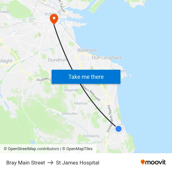 Bray Main Street to St James Hospital map