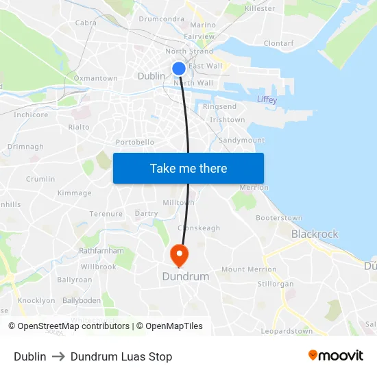 Dublin to Dundrum Luas Stop map