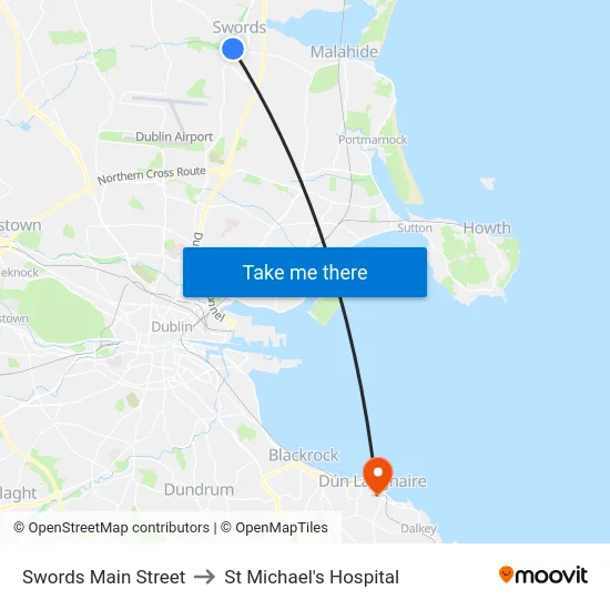 Swords Main Street to St Michael's Hospital map