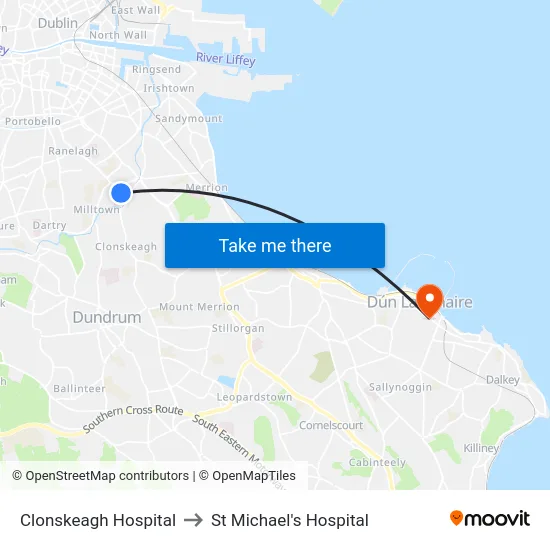 Clonskeagh Hospital to St Michael's Hospital map