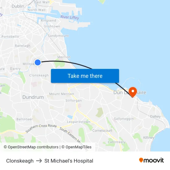 Clonskeagh to St Michael's Hospital map
