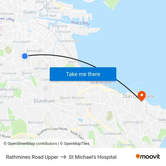 Rathmines Road Upper to St Michael's Hospital map