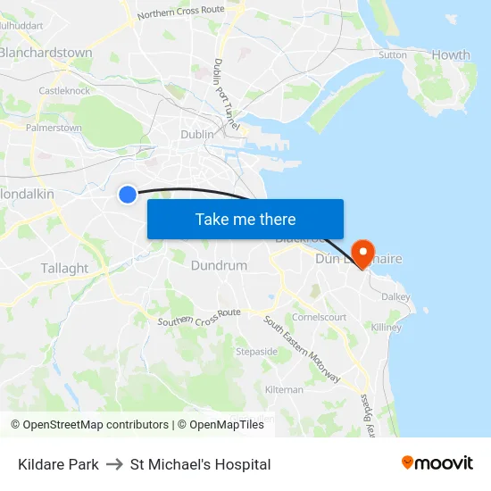 Kildare Park to St Michael's Hospital map
