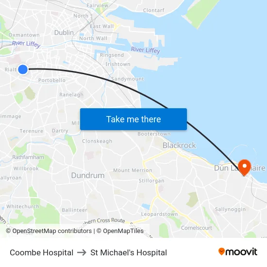 Coombe Hospital to St Michael's Hospital map