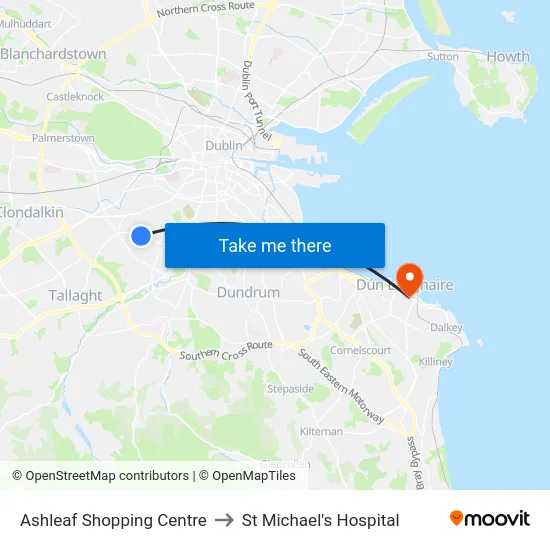 Ashleaf Shopping Centre to St Michael's Hospital map