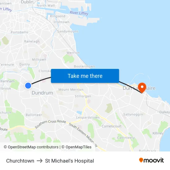 Churchtown to St Michael's Hospital map