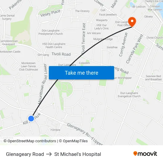 Glenageary Road to St Michael's Hospital map