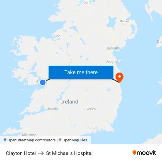 Clayton Hotel to St Michael's Hospital map