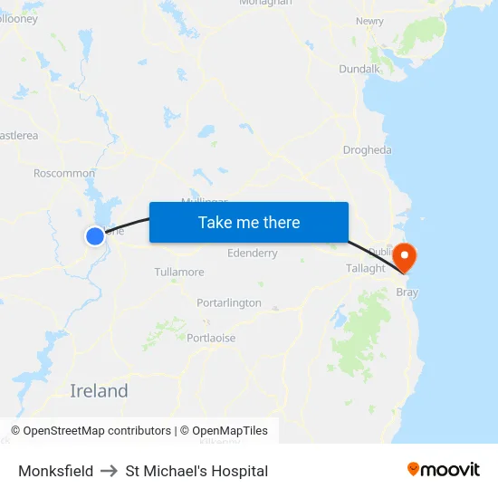 Monksfield to St Michael's Hospital map