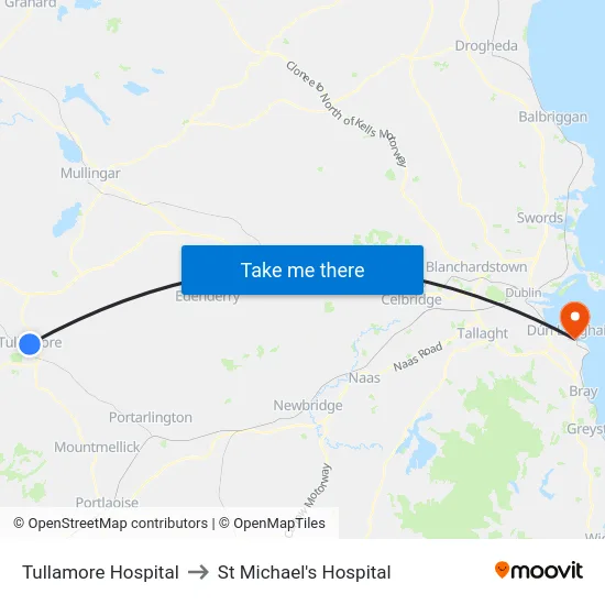 Tullamore Hospital to St Michael's Hospital map