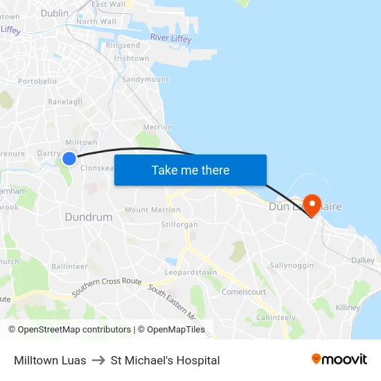 Milltown Luas to St Michael's Hospital map