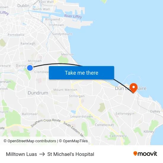 Milltown Luas to St Michael's Hospital map