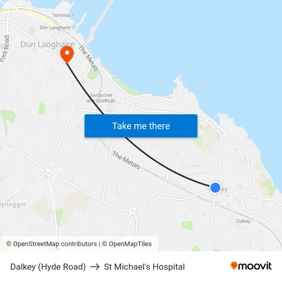 Dalkey (Hyde Road) to St Michael's Hospital map