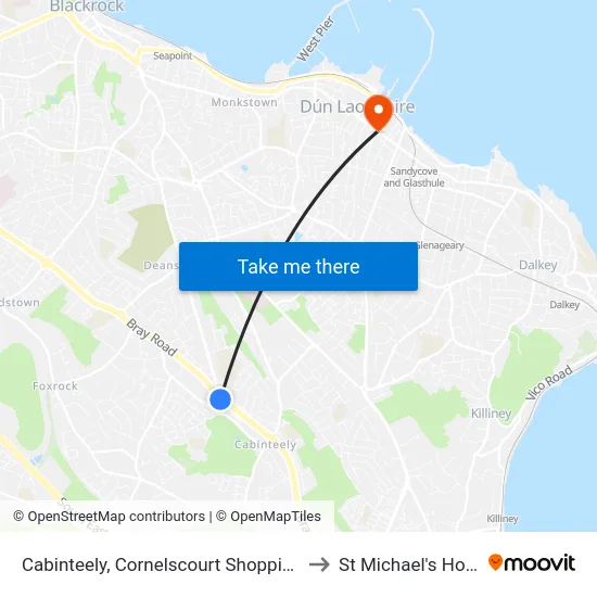 Cabinteely, Cornelscourt Shopping Centre to St Michael's Hospital map