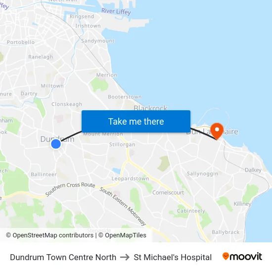 Dundrum Town Centre North to St Michael's Hospital map