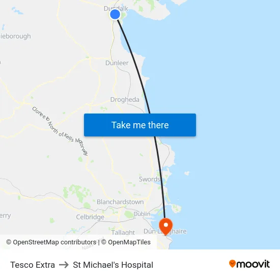 Tesco Extra to St Michael's Hospital map
