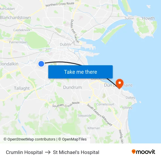 Crumlin Hospital to St Michael's Hospital map