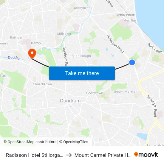 Radisson Hotel Stillorgan Road to Mount Carmel Private Hospital map