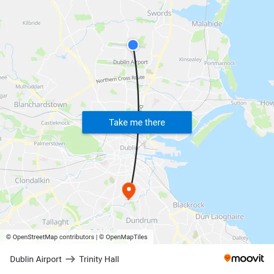 Dublin Airport to Trinity Hall map