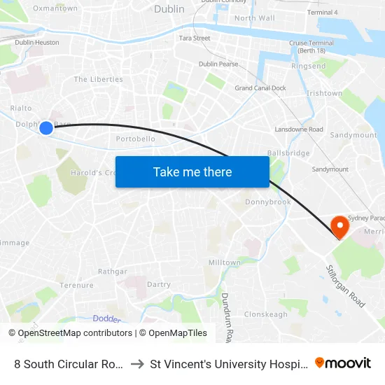 8 South Circular Road to St Vincent's University Hospital map