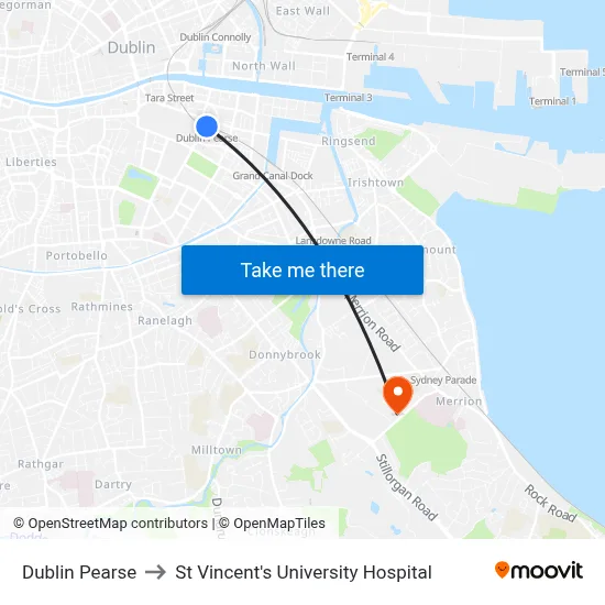Dublin Pearse to St Vincent's University Hospital map
