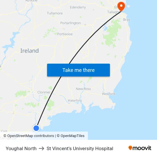 Youghal North to St Vincent's University Hospital map