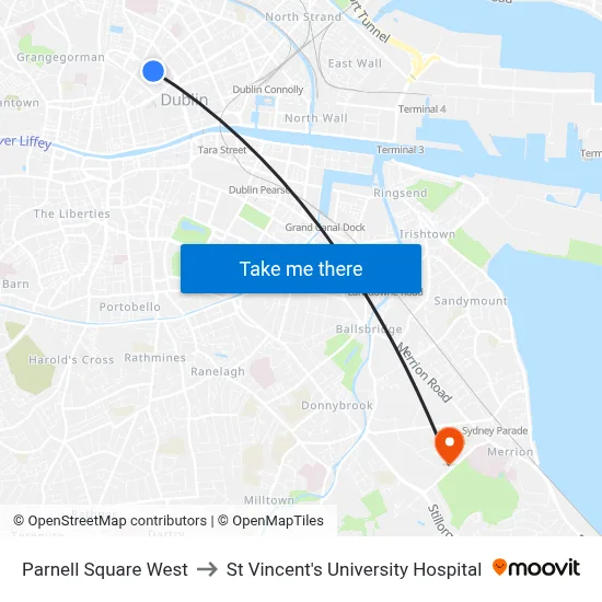Parnell Square West to St Vincent's University Hospital map