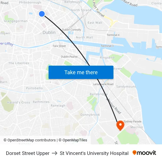 Dorset Street Upper to St Vincent's University Hospital map