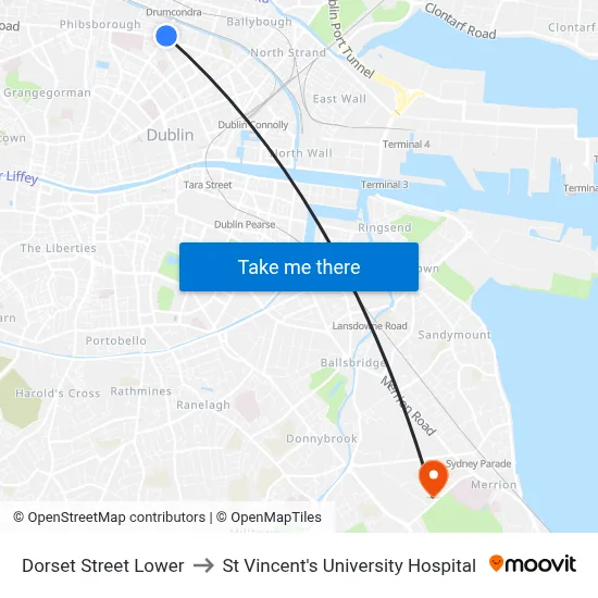 Dorset Street Lower to St Vincent's University Hospital map