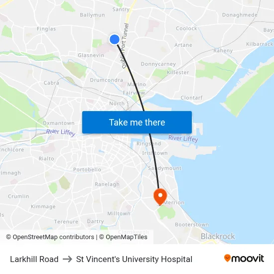 Larkhill Road to St Vincent's University Hospital map