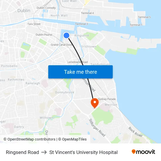 Ringsend Road to St Vincent's University Hospital map