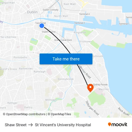 Shaw Street to St Vincent's University Hospital map