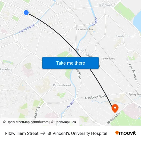 Fitzwilliam Street to St Vincent's University Hospital map