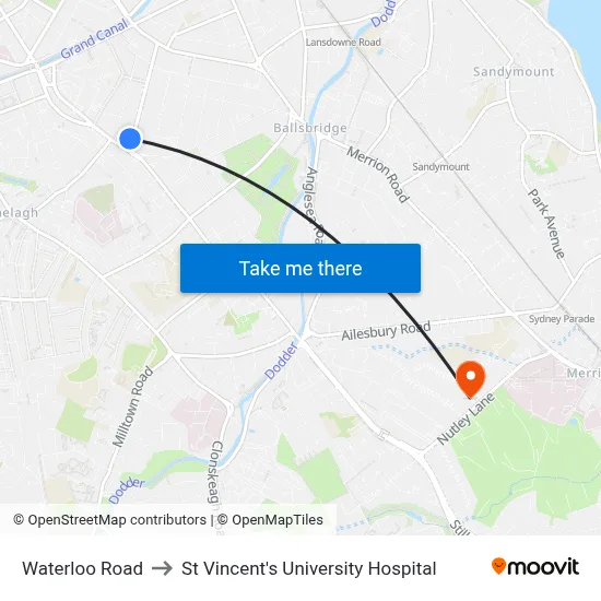 Waterloo Road to St Vincent's University Hospital map